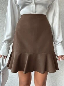 EURMUSE High Waist Ruffle Hem Skirt - Brown - View 4