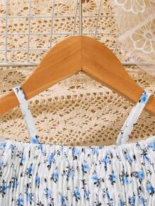 SHEIN Young Girl Holiday Summer Leisure Ditsy Floral Print Off-Shoulder Tank Top And Printed Pants Two-Piece Set - Baby Blue - View 6