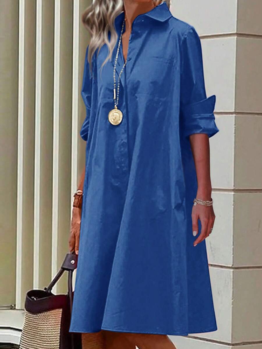 SHEIN LUNE Ladies' Solid Color Button-Front Shirt Dress - Blue - View 1