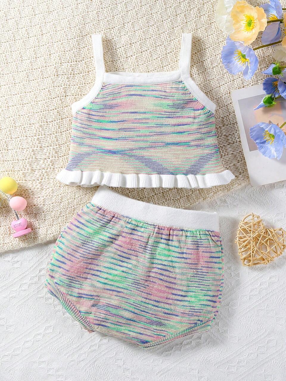 Baby Girl New Arrival Spring/Summer Knitted Camisole With Ruffle Hem And Shorts Sweater Set