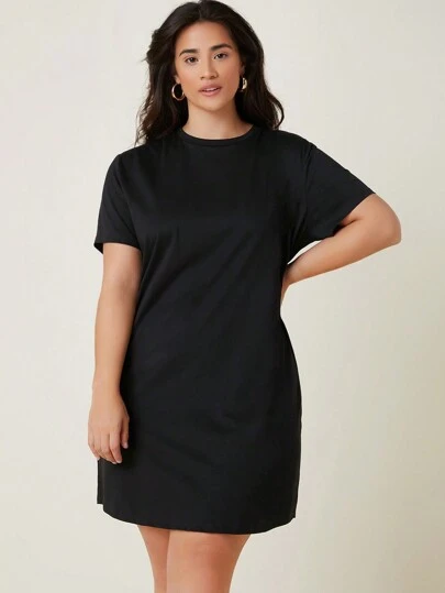 SHEIN BASICS Plus  Short Sleeve Solid Tee Dress/ Summer