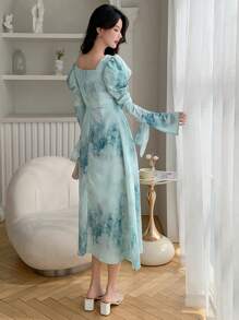 DAZY Ink Wash Ruched Waist Puff Sleeve Dress,Ruffle,Fall Dress Long Sleeve Dress