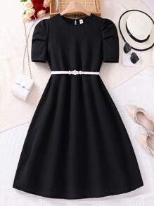 SHEIN Solid Color Bubble Sleeve Teen Girl Dress