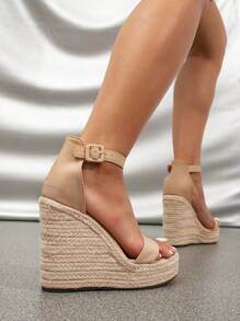 Women's Wedge Heeled Sandals With Thick Waterproof Platform, Straw Rope Design Cross Band And Buckle Closure, Suitable For Spring, Summer And Holiday Outfits In Bohemian And Sexy Style