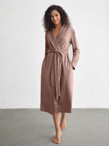 Leisure Contrast Binding Belted Lounge Robe - Brown - View 5