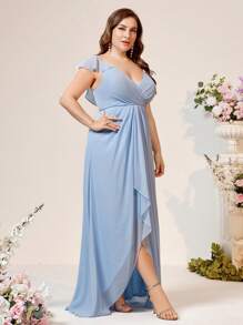SHEIN Belle Vestido de dama de honor para bodas, eventos escolares, festivales de música y verano, de talla grande, con diseño de cuello en V, plisado, borde asimétrico con abertura, espalda en forma de U, de material de gasa suave y agradable para la piel, en color azul elegante y romántico - Azul - Ver 3