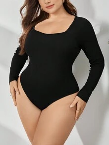 SHEIN Privé 大尺碼優雅通勤簡約實心方領修身連體衣 - 黑色 - 查看 2