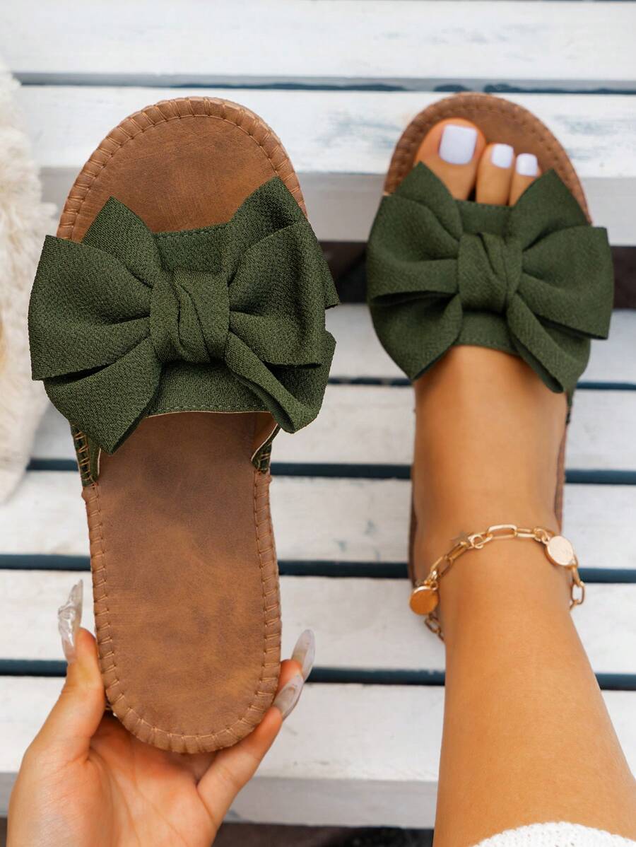 Bow Slippers Fashion Bowknot Strap Sandals For Women, Green Slide Slippers With Anti-Slip,Spring Summer Outfits - Army Green - View 1
