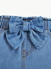 SHEIN 女寶寶春夏輕盈牛仔短褲，帶蝴蝶結裝飾 - 淺色水洗藍 - 查看 5