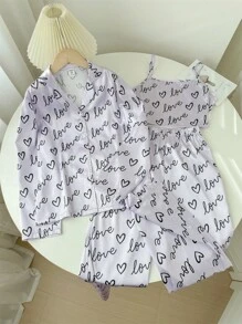SHEIN Tween Girl Heart Pattern Silk Elegant Quality Woven Home Wear 3pcs/Set - Purple - View 4