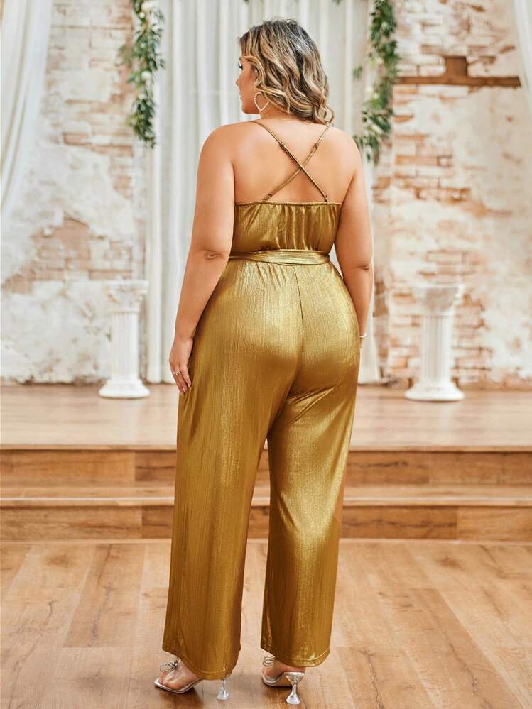 SHEIN Clasi Women's Metallic Color Simple Plus Size Jumpsuit With Spaghetti Straps - Gold - View 2