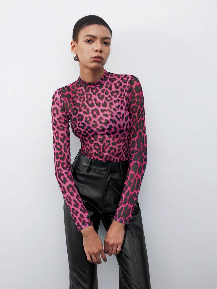 Maija 高領豹紋網眼上衣(無胸墊)