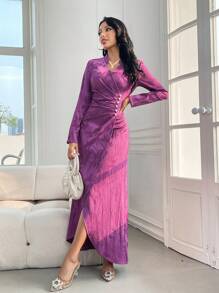 Modelyn 女士花卉提花褶皱连衣裙，长袖和裹身设计，适合春季，优雅的晚会礼服 - 中紫紅色 - 查看 4