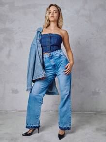 SHE(IN) BRASIL Nút phía trước Ống Tops Denim - Rửa tối - Xem 10