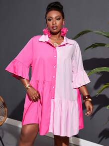 Slaydiva 女士加大碼雙色波浪邊蓬蓬袖荷葉邊散植裙 - 彩色 - 查看 1