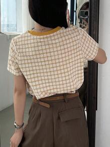 DAZY Women's Fashion Plaid Short Sleeve T-Shirt - Mustard Yellow - View 5