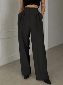 Dazy Designer Women Solid Color Slanted Pocket Pleated Design Straight-Leg Pants,Women Dress Pants - Black - View 6