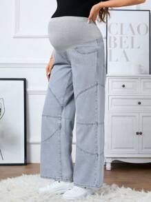 SHEIN Adjustable Maternity Loose Fit Denim Pants With Elastic Waistband Jeans - Light Wash - View 6