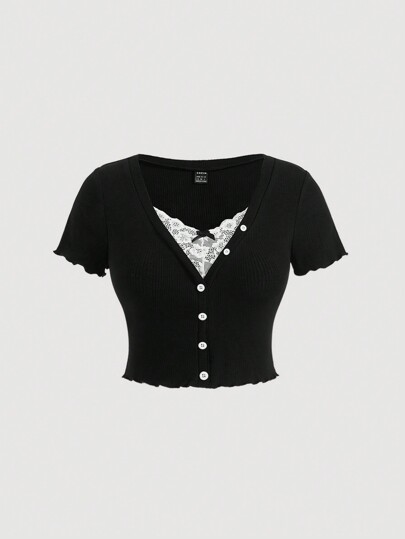 SHEIN MOD Plus Size Lace Trimmed Cropped T-Shirt With Ruffle Hem