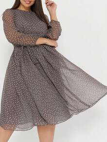 Plus Size Women Dot Print Elegant Midi Dress With 3/4 Length Lantern Sleeves - Coffee Brown - View 3