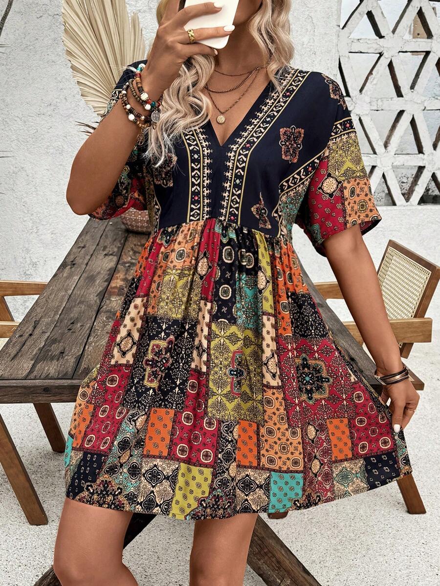 SHEIN LUNE Women's A-Line V-Neck Batwing Sleeve Patchwork Printed Dress, Spring/Summer - Multicolor - View 1