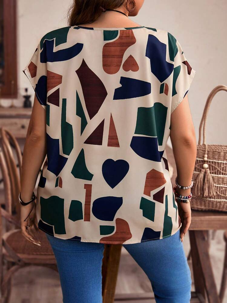 Plus Size Women Fashionable Color-Blocked Short Sleeve Linen Blouse, Mother's Day, Summer,Spring/Vacation
