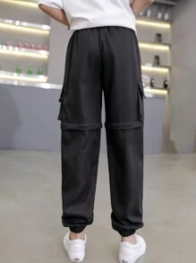 SHEIN Tween Boy Zipper & Flap Pocket Design Elastic Cuff Pants - Black - View 2