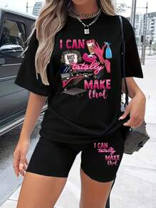 Rovax Conjunto informal de verano para mujer de dos piezas - Camiseta de manga corta con cuello redondo y estampado de lema, y pantalones cortos