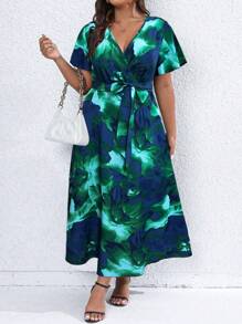 SHEIN Clasi Kích thước lớn Hoa In Surplice cổ Thắt lưng Váy quấn - màu xanh lá - Xem 3