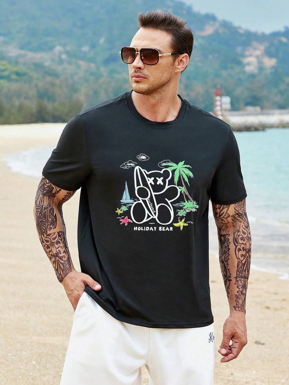 Men's Plus Size Summer Vacation Coconut Tree & Bear Printed T-Shirt