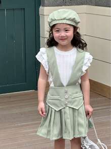 SHEIN Genkimix Kids Young Girl Round Neck Ruffle Sleeve T-Shirt And Button Decor Pleated Suspender Skirt With Hat, Cool Summer Outfits - White - View 6