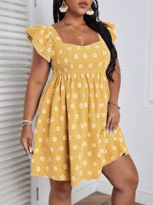 Dreamara Vestido Con Estampado De Margaritas Y Cuadros En Talla Grande Con Detalle De Volantes En Las Sisas - Amarillo - Ver 3