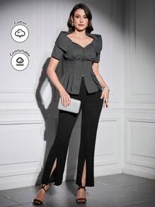 Modelyn Conjunto de 2 piezas con blusa con cremallera y rayas, bajo plisado y pantalones acampanados con aberturas - Negro - Ver 3