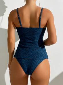 SHEIN Swim Women's Textured U-Shaped Buckle Backless Tank Top Spaghetti Strap Bikini Summer - Teal Blue - View 2