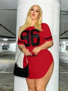 SHEIN SXY 夏季大码休闲字母印花 T 恤款式前开衩连衣裙 - 紅色 - 查看 4
