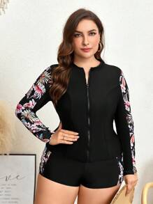 SHEIN Swim Curve Plus Size Women's Summer Beach Contrast Tropical Plant Print Zipper Front Long Sleeve Rashguard Set For Vacation Style - Multicolor - View 5