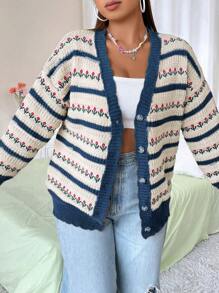 Sunspun 大码女式时尚百搭提花开衫，撞色设计，质感高档，适合冬季穿着 - 藏蓝色 - 查看 4