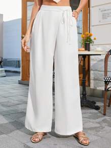 GENKIRA Solid Color Wide Leg Casual Suit Pants With Belt - White - View 4