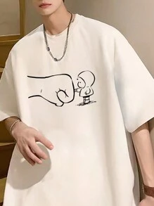 Simple Studio | 男士趣味击拳印花宽松T恤，夏季款 - 白色 - 查看 6