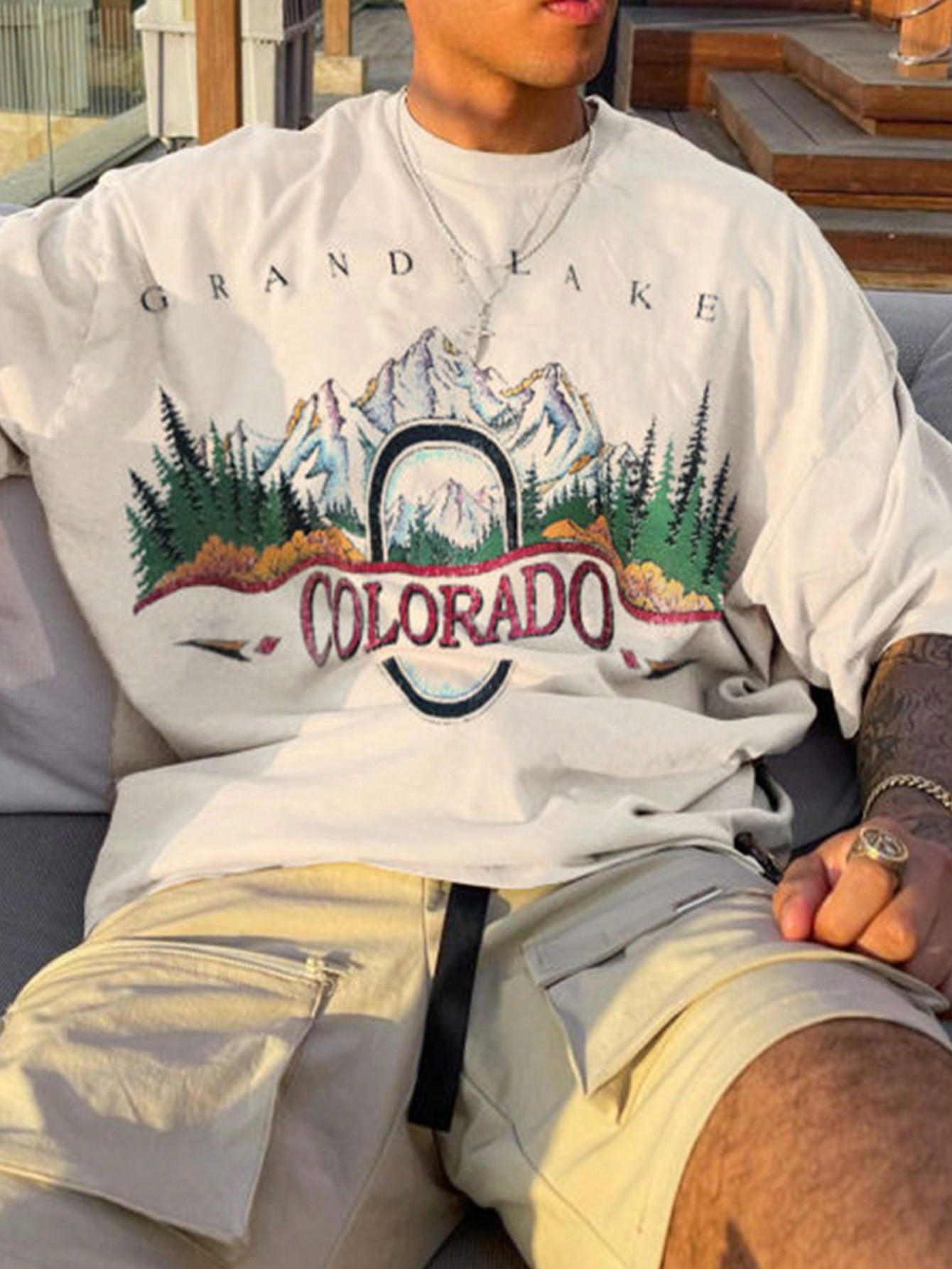 2025 Men's Fashion Mountain Printing Dropped Shoulder Casual Daily Wear Short Sleeve T-Shirt, Spring/Summer