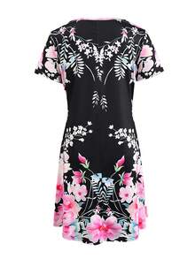 Women's V-Neck Vintage Floral Print Casual Vacation Dress, Spring/Summer - Black - View 3