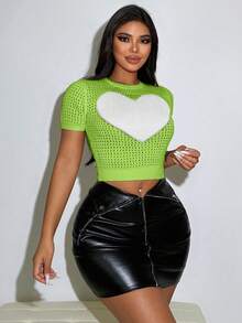 VaVaBold 夏季心形圖案針織短袖上衣 - 綠色 - 查看 3