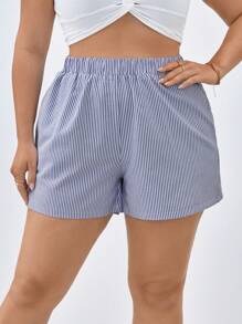 SHEIN Essnce Plus Size Blue & White Striped Casual Holiday Comfortable Loose Shorts