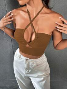 VaVaBold Summer Sleeveless Halterneck Crop Top With Hollow Out Design