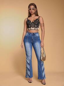 SHEIN BAE 女款有口袋和毛邊設計喇叭牛仔褲 - 藍色 - 查看 3