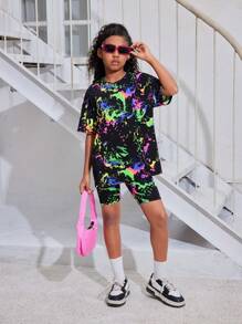 SHEIN Tween Girl 2pcs/Set Colorful Inkjet Pattern Short Sleeve T-Shirt And Shorts Casual