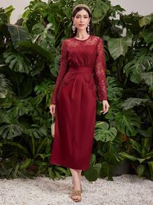 Modelyn 勃艮第红色优雅蕾丝拼接束带连衣裙 - 酒紅色 - 查看 5