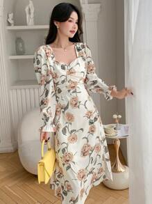 DAZY Damska sukienka z dekoltem w serduszko, rękawami typu latarnia, nadrukiem i elegancką, falbaną, jesienną sukienką na wakacje - Żółty - Zobacz 3