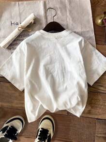 SHEIN EZwear 休闲字母印花圆领短袖修身女士棉质 T 恤，适合夏季 - 白色 - 查看 2