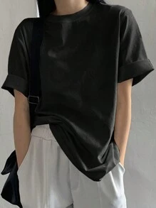 DAZY Áo thun cổ tròn rộng rãi màu trơn cho mùa hè Áo thun cỡ lớn - màu đen - Xem 7